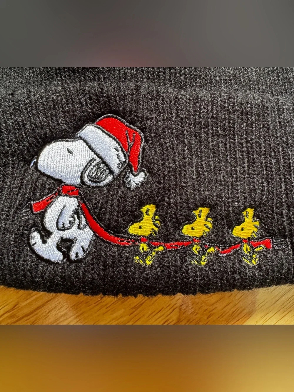 Peanuts Snoopy Woodstock Christmas Pom Pom Beanie Black OS